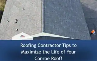 Aerial view of roofing contractors working on a residential roof in Conroe, TX.
