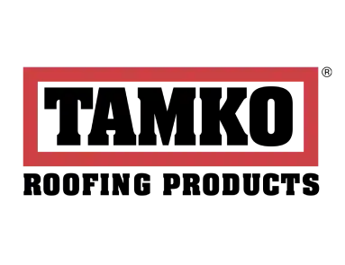 Close-up of a roofing shingle with a red border and black center.