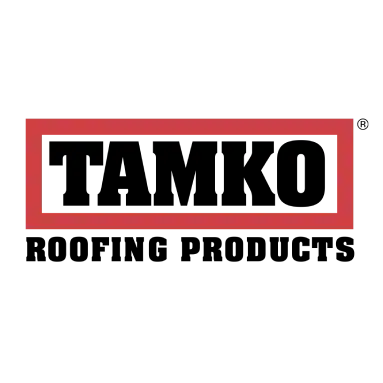 Close-up of a roofing shingle with a red border and black center.