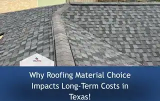 Close-up of a shingled roof with a valley and a storm damage area.