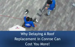 Roofers installing shingles on a sloped roof with tools and safety equipment.