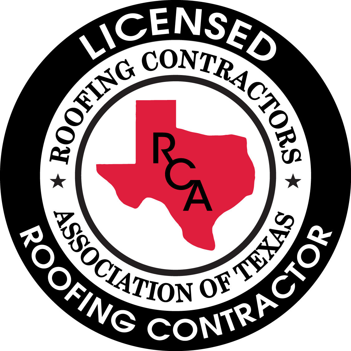 Licensed roofing contractor logo with Texas map and RCA initials.